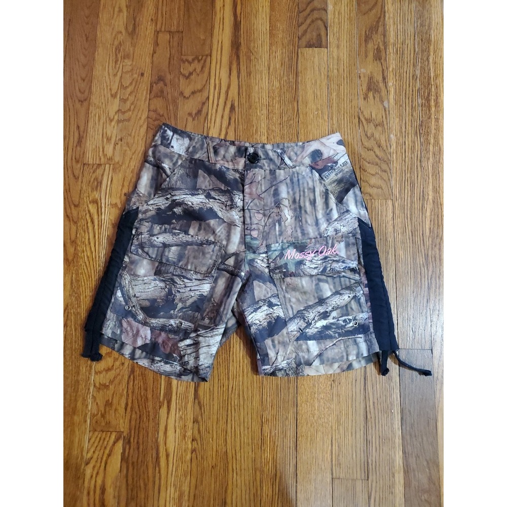 Mossy‎ Oak Womens Medium Woodland Camo Cargo Shorts Green W/ Black Side Ties